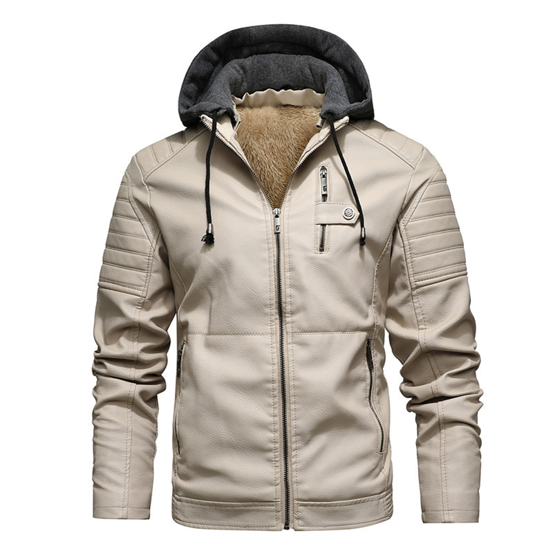 Leather Work Jacket With Hood - Men Hooded Coat Thick Warm Pu