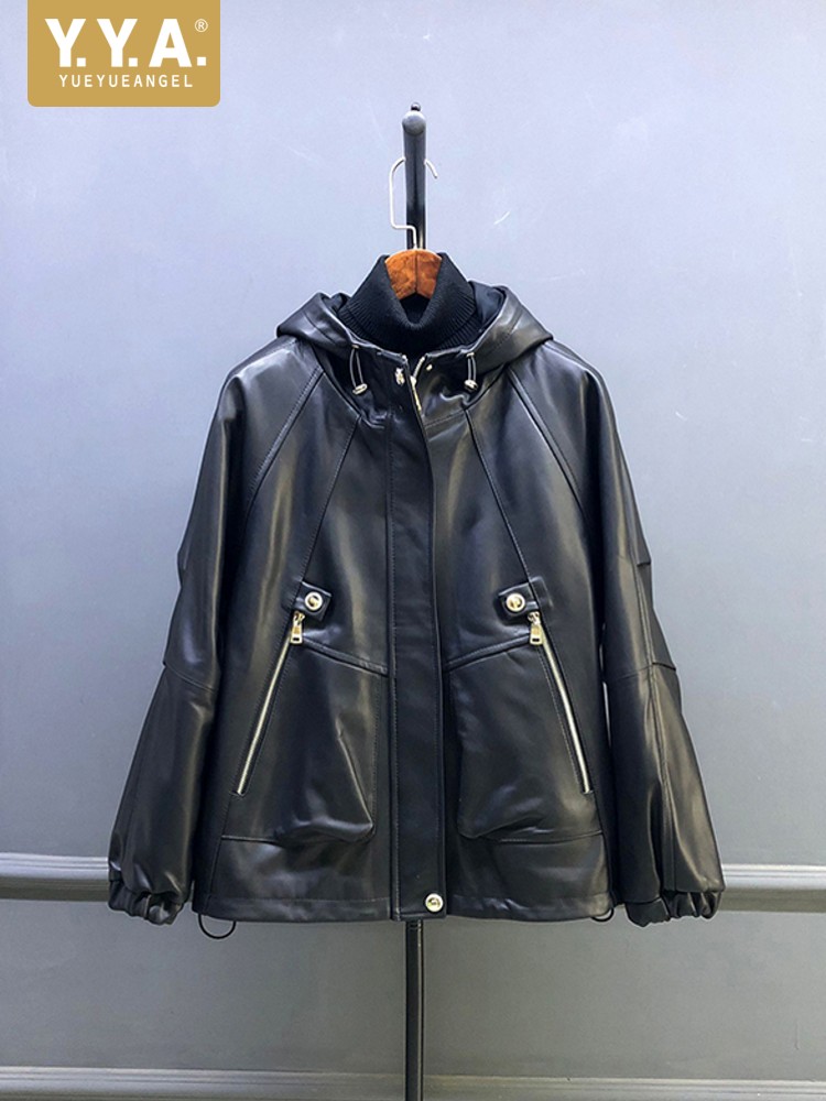 Leather Work Jacket With Hood - Hot Sale Autumn Women Natural Sheepskin