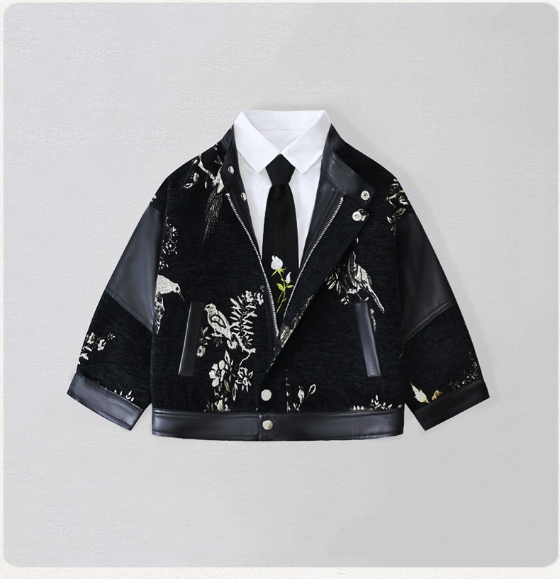 Leather Work Jacket - Gentleman Kids Embroidery Motorcycle Pu Leather