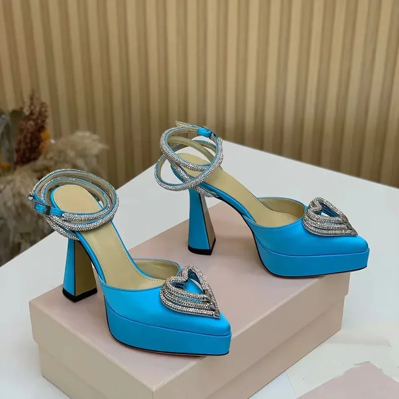 Leather Work Heels - Platform Crystal Love Decoration Sandals Sexy