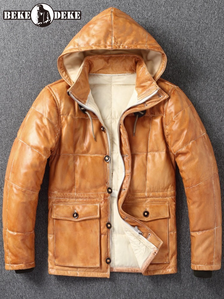 Winter Mens Sheepskin Genuine  - đánh giá và giá Leather Work Jacket With Hood