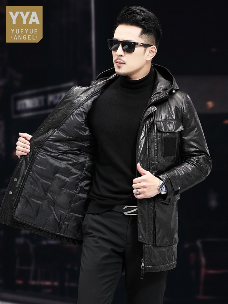 Men Winter Warm Mid Long Oil W - đánh giá và giá Leather Work Jacket With Hood