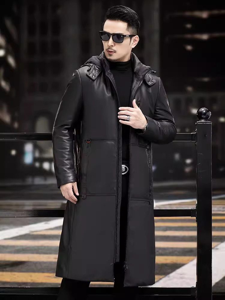 Winter Thick Warm Long Goose D - đánh giá và giá Leather Work Jacket With Hood