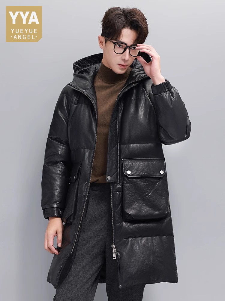 Winter Mens Warm Goose Down Ja - đánh giá và giá Leather Work Jacket With Hood