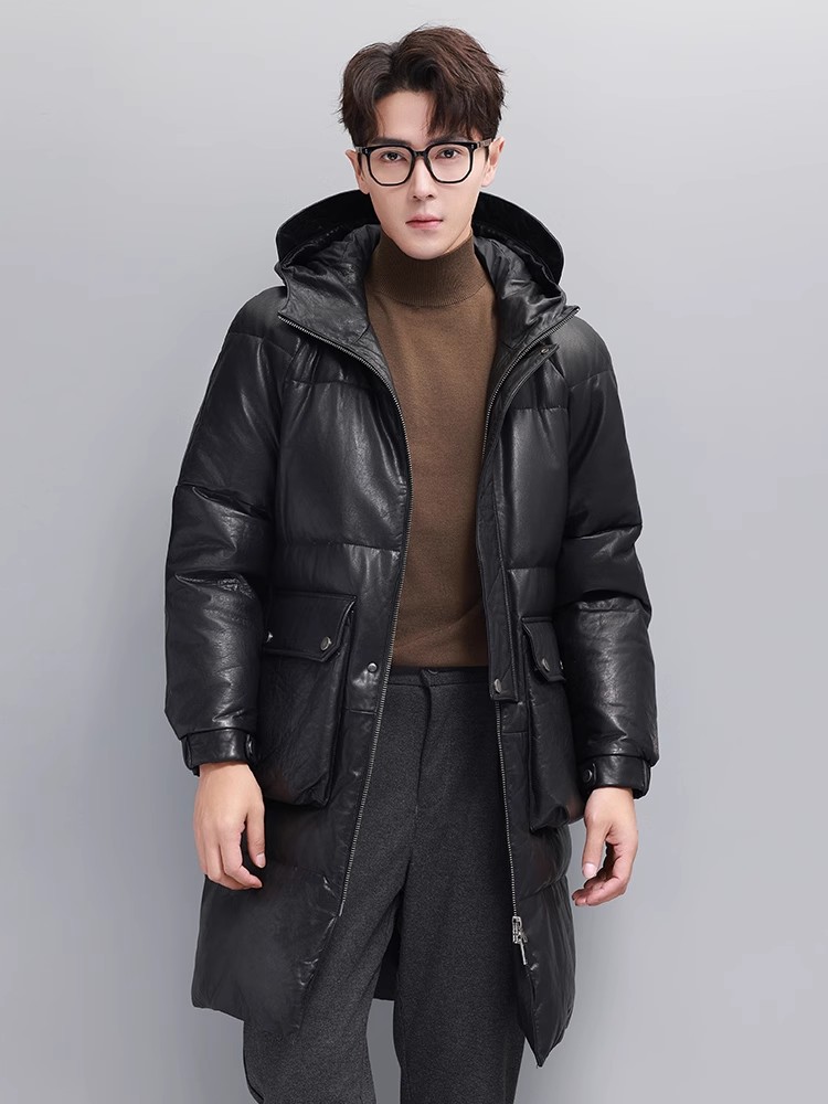 Winter Mens Warm Goose Down Ja - đánh giá và giá Leather Work Jacket With Hood