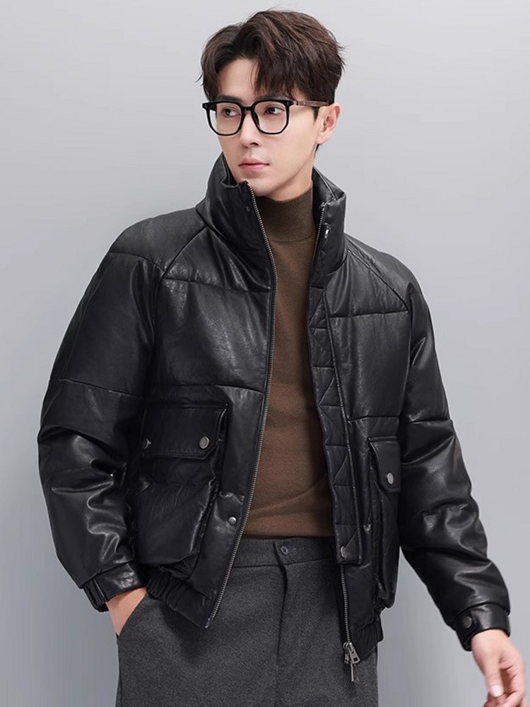 Winter Mens Warm Goose Down Ja - đánh giá và giá Leather Work Jacket With Hood