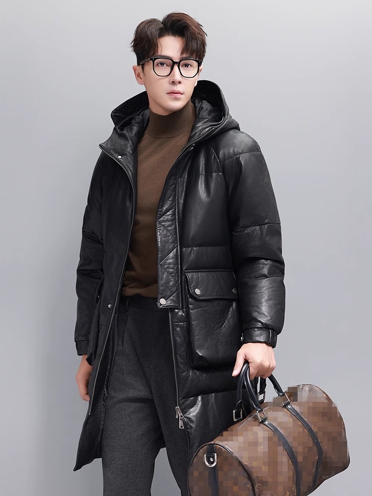 Winter Mens Warm Goose Down Ja - đánh giá và giá Leather Work Jacket With Hood