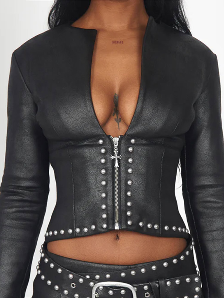 Fashion Rivet Decor Pu Leather - đánh giá và giá Leather Work Jacket
