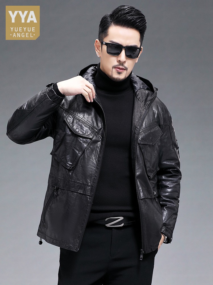 Winter Men Warm Real Goatskin  - đánh giá và giá Leather Work Jacket With Hood