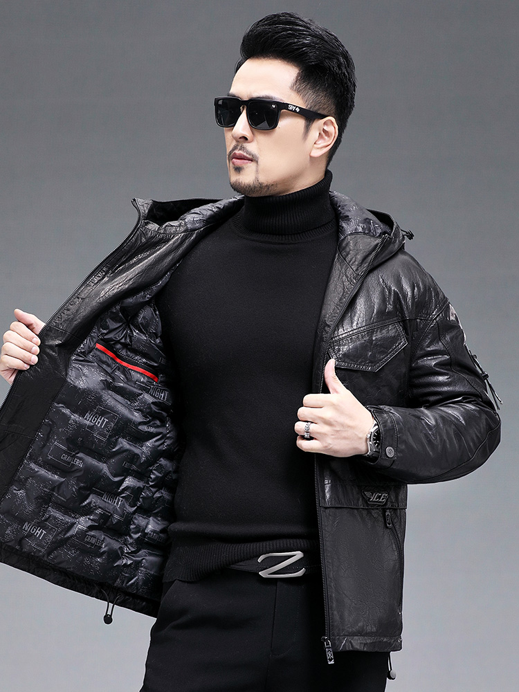 Winter Men Warm Real Goatskin  - đánh giá và giá Leather Work Jacket With Hood