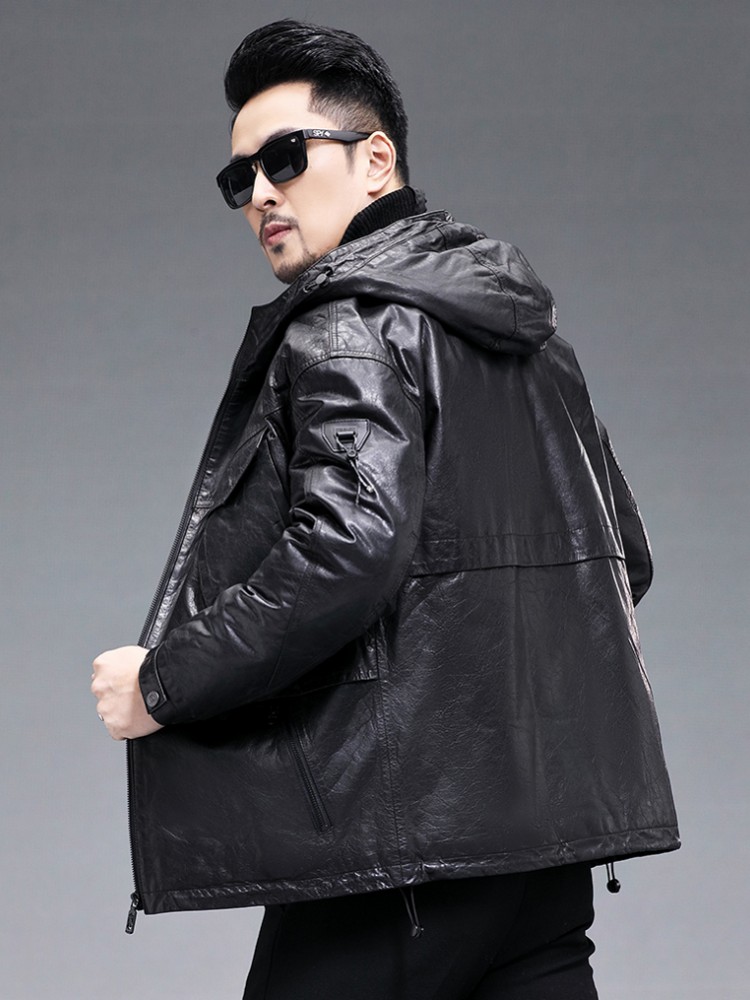 Winter Men Warm Real Goatskin  - đánh giá và giá Leather Work Jacket With Hood