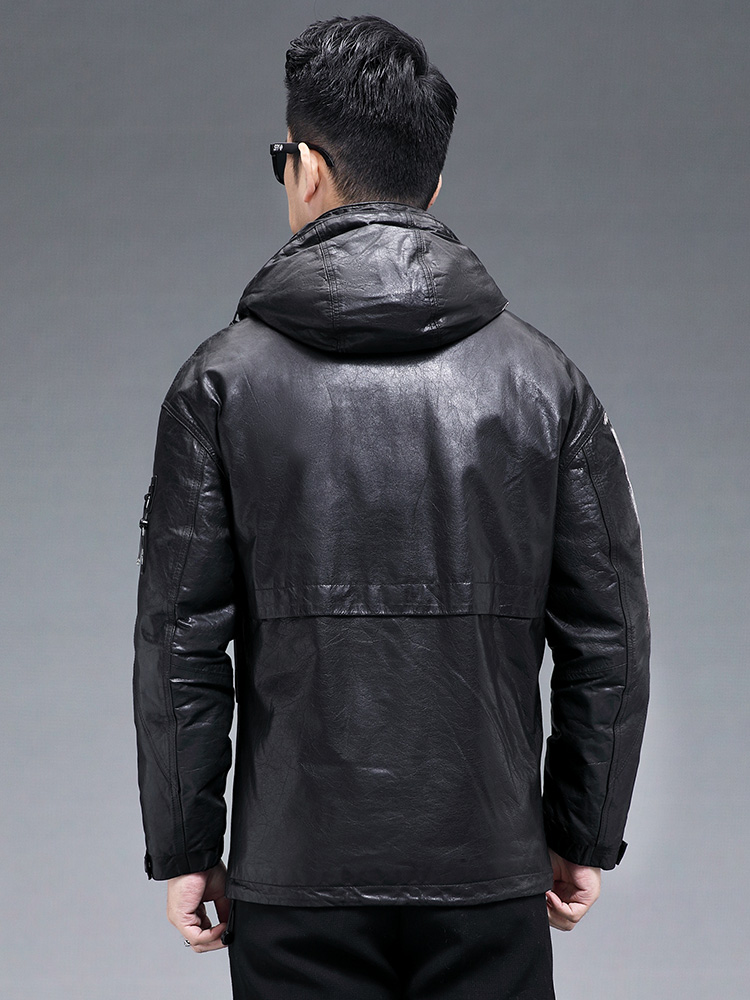 Winter Men Warm Real Goatskin  - đánh giá và giá Leather Work Jacket With Hood